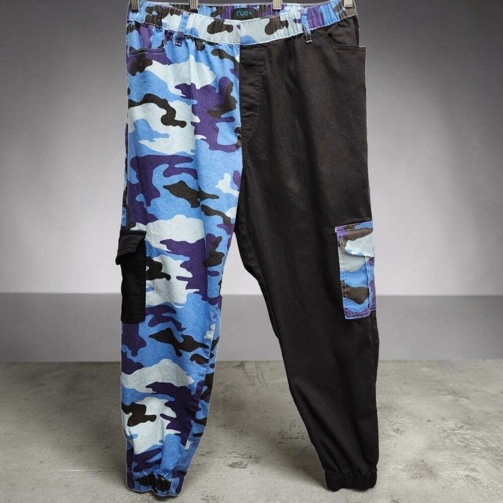 RUE21+ Jogger Cargo Pants Womens 1X Blue Camo Colorblock Gorpcore Streetwear